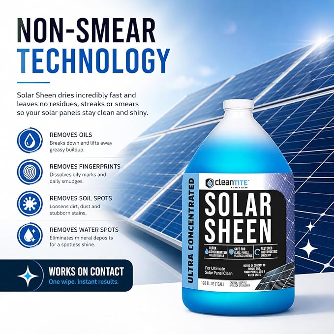 Solar Panel Cleaner 1 Gallon (Makes 512 G) - Super Concentrated Cleaning Solution for Glass, Metal, Wood & Plastic - Remove Oil, Fingerprint & Water Spots - Multipurpose Solar Panel Cleaning