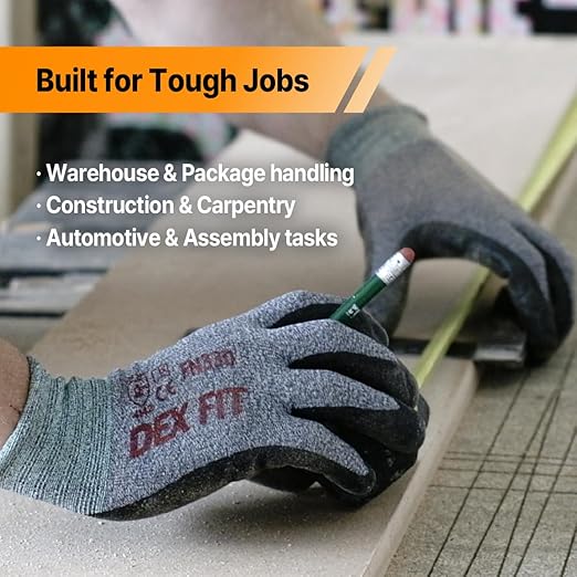 DEX FIT Nitrile Work Gloves FN330, 1 Pair, 3D-Comfort Stretchy Fit, Firm Grip, Thin & Lightweight, Touch-Screen Compatible, Durable, Breathable & Cool, Machine Washable; Grey L (9)
