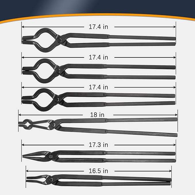 Blacksmith Tong - 3/8" 1/2" 5/8" V-Bit, 1/4 Flat Jaw, Pick Up, Scroll | Knife Making Forge Tongs Set Assembled Steel Blacksmithing Bladesmith Bladesmithing (6PCS)
