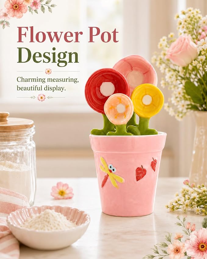 Flower Pot Ceramic Measuring Spoon Set, 5PCS Cute Spoons Cups with Base, Ceramic Baking Measuring Spoons with Holder for Dry & Wet Ingredients, Unique Baking Supplies Gift, Dishwasher Safe(Pink)