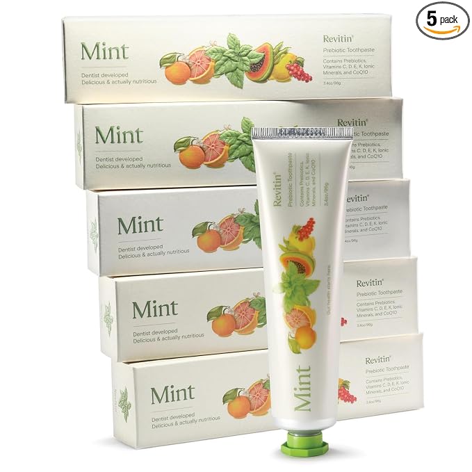 Revitin Toothpaste | Fluoride-Free Prebiotic Mint Tooth Gel | No SLS, Gluten Free, Dye Free, GMO Free, No Sweeteners | Non-Toxic, Kid Approved, Pack of 5