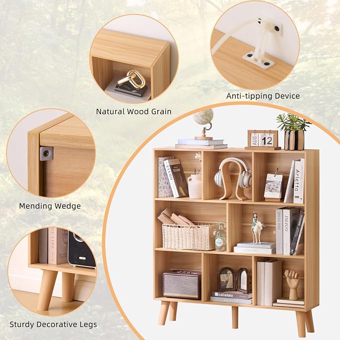 LEYAOYAO 8 Cube Bookshelf, Mid-Century Modern Book Shelf with Legs, Natural | 3 Tier Bookcase, Rustic Wood Bookshelves Freestanding Large Storage Organizer, Open Shelves for Bedroom, Living Room, Office