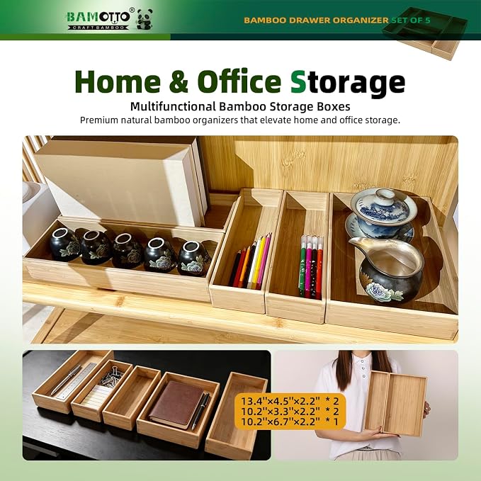 BAMOTTO CRAFTBAMBOO Stack Bamboo Drawer Organizer Set of 5, Kitchen Utensil, Flatware&Silverware Organizer-Wood Laminated Stackable for Kitchen, Bedroom, 13.4''x4.5''*2+10.2''x3.3''*2+10.2''x6.7''*1