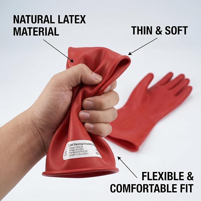 Class 00 Insulated Electrical Gloves - 2.5KV Tested for Max 500V AC Use - Low Voltage Safety Gloves for EV Hybrid Car Repair, HVAC & Electrician Work - Red Natural Latex (Universal Fit)