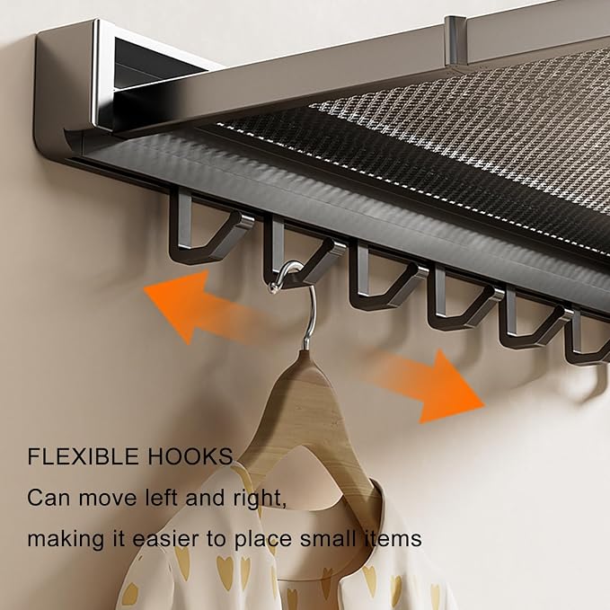 Foldable Bathroom Wall Shelf, Wall Mounted Drying Rack with Adjustable Hook, Air Drying Net, Hidden Telescopic Clothes Drying Rack for Shoes Socks Underwear, Space Saving, Gray/Black/White(Gray)