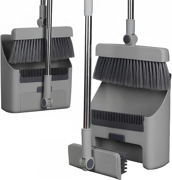 3-in-1 Stand up Heavy Duty Broom with Dustpan, Long Handle 180° Rotation for Indoor & Outdoor Sweeping, Scouring Pads Scrubbers