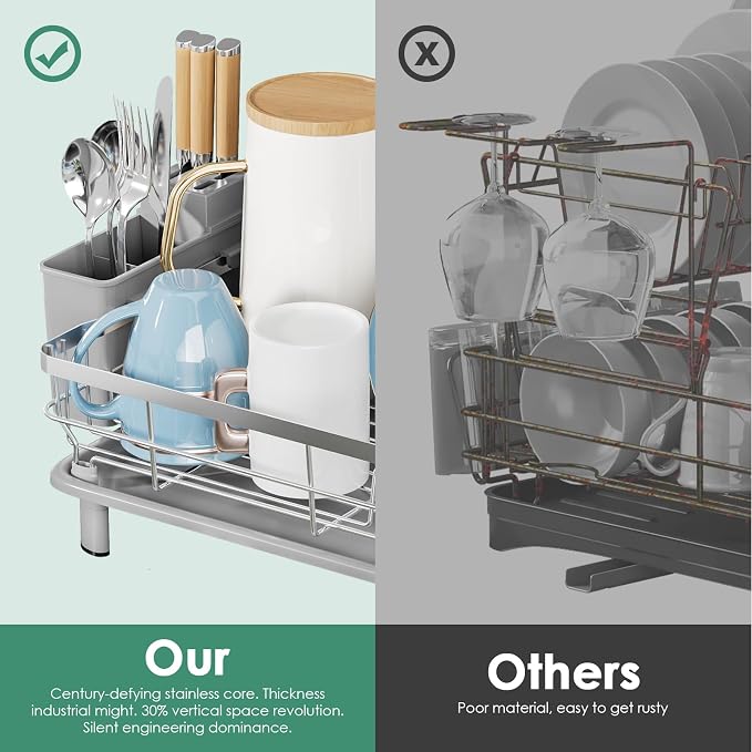 MOUKABAL Stainless Steel Dish Drying Rack for Kitchen Counter, Grey Silver | 13×17 Large Capacity/Drainboard with Rotating Spout/Removable Cup & Utensil Holders/Fast Drainage/Countertop Dish Drainer