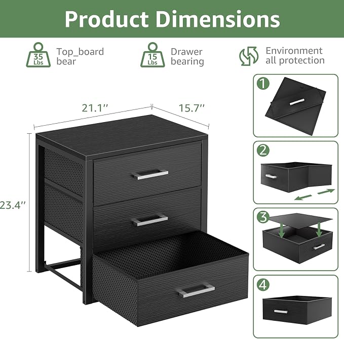 BOLUO Closet Drawers Black 3 Drawer Dresser for Closet Organizers and Storage Bedroom Dorm Modern