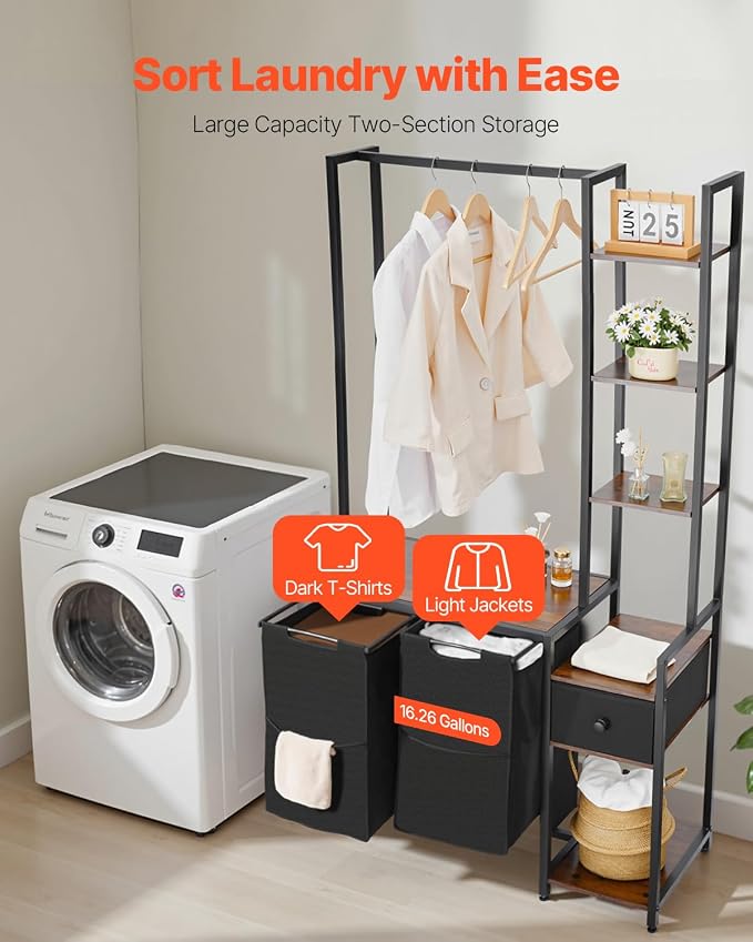 VEVOR 3 Tiers Laundry Sorter with Rack, Tall Laundry Hamper with Shelves and Drawers, 2 Section Freestanding Hanging Rack Storage with 600D Oxford Cloth Bags and Ladder Shelves for Dirty Clothes