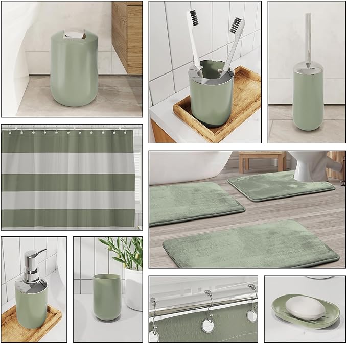 Clara Clark Bathroom Accessories Set - 28PC Bathroom Set with Adhesive Corner Shower Caddy Hanging, Bathroom Sets with Shower Curtain and Rugs, Sage Green Shower Curtain Set with Bathroom Trash Can