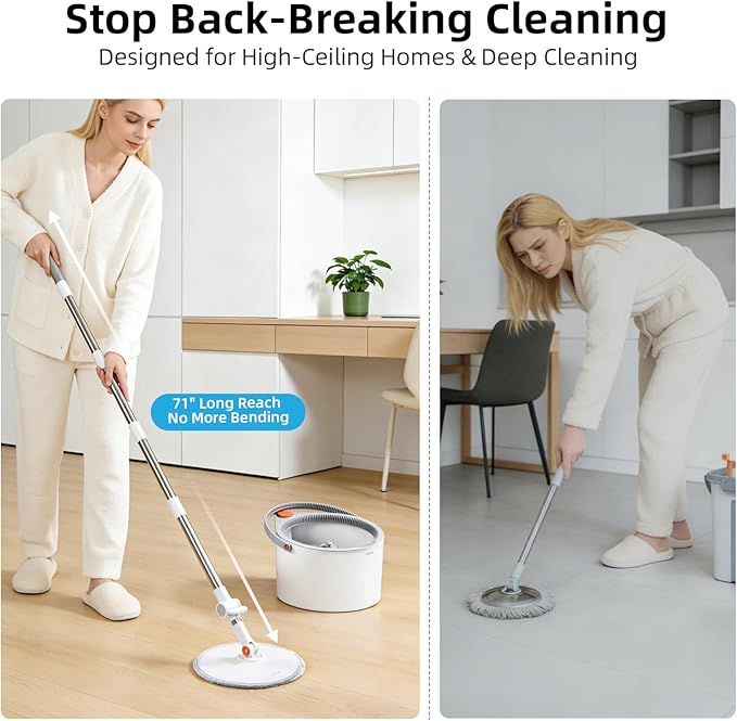 3-in-1 Spin Mop and Bucket Set with Clean Water Separation, 71” Extra Long Handle for Wall Cleaning, 3 Specialized Heads for Baseboards & Corners, 6 Microfiber Refills for Hardwood Floor Care