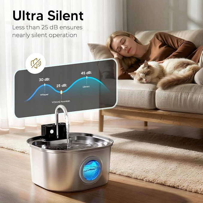 Voluas Stainless Steel Cat Water Fountain, Wireless, 108oz/3.2L, 2 Filter | Cordless Design, Ultra-Quiet Pump, Easy to Clean, BPA-Free