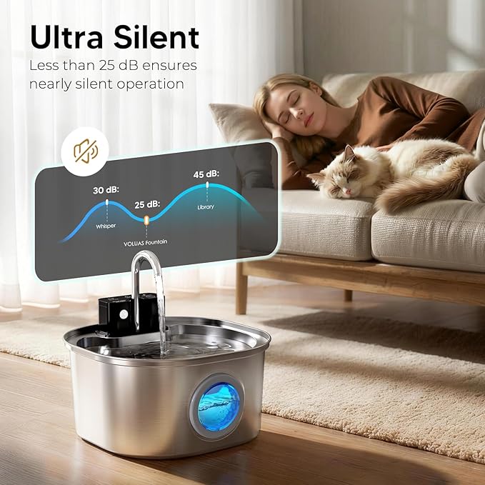 Voluas Stainless Steel Cat Water Fountain, Wireless, 108oz/3.2L, 1 Filter | Cordless Design, Ultra-Quiet Pump, Easy to Clean, BPA-Free