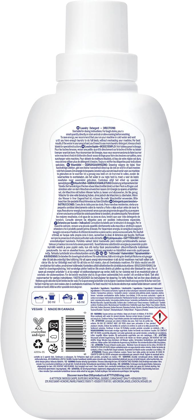 ATTITUDE Liquid Laundry Detergent, EWG Verified, HE Compatible, Plant-Based & Vegan, Natural Laundry Soap, Citrus Zest Scent, 35 Loads, 35.5 Fl Oz