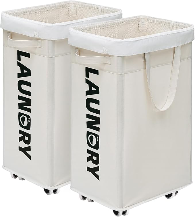 CHICVITA 2-Pack Laundry Baskets with Wheels and Handle,75L Collapsible Clothes Basket with Removable Wash Bags for Dorms and Corners, White Rolling Laundry Hamper