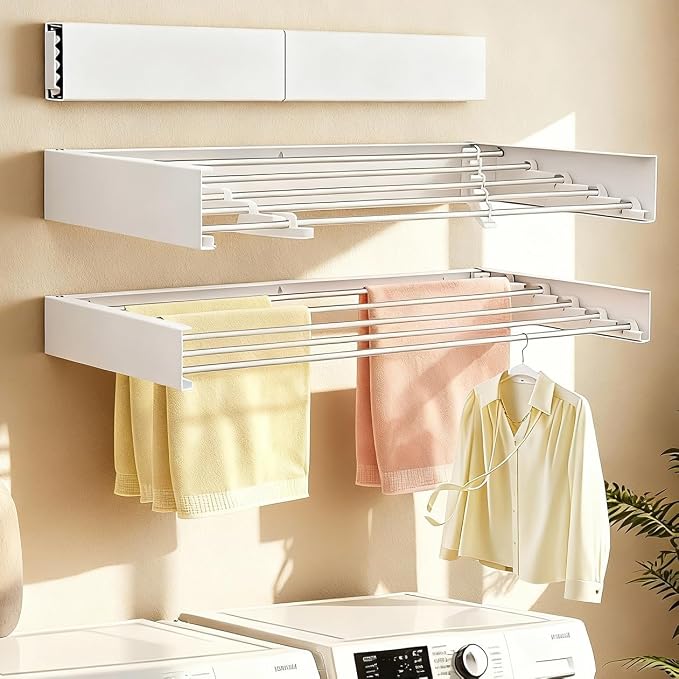 Wall Mounted Clothes Drying Rack 31.5" Foldable, 60 lb for Laundry & Apt | Carbon Steel & Stainless Steel, 60 lb, Rust-Resistant, Fits Brick/Wood, Folds 3" Deep, for Apt, RV, Laundry