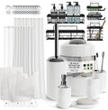 Clara Clark Bathroom Accessories Set - 28PC Bathroom Set with Adhesive Corner Shower Caddy Hanging, Bathroom Sets with Shower Curtain and Rugs, White Shower Curtain Set with Bathroom Trash Can