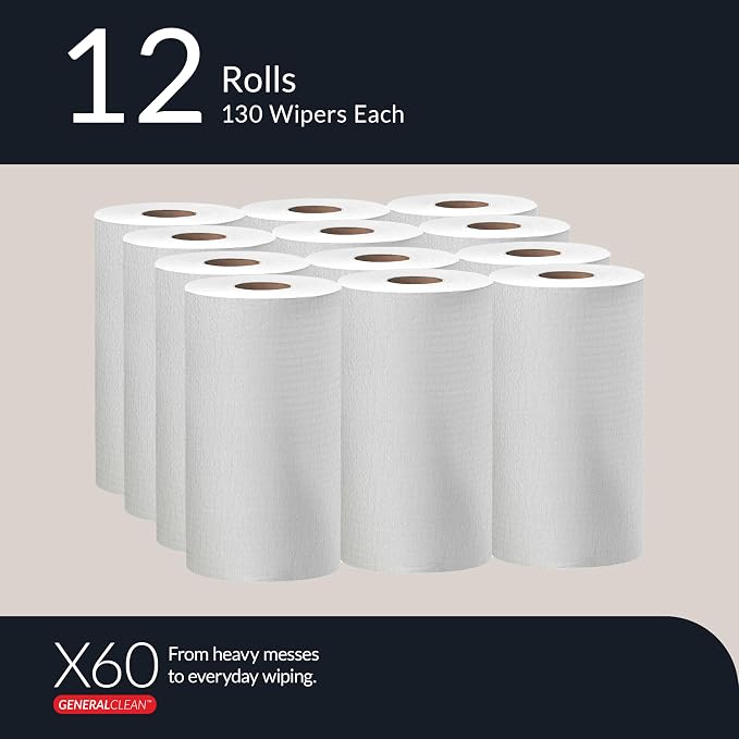 WypAll GeneralClean X60 Cloths Multi-Task Cleaning Wipes (35401), Strong and Absorbent Towels, White (130 Sheets/Roll, 12 Rolls, 1,560 Sheet Total)