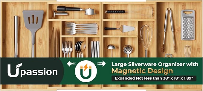 Large Silverware Organizer, 13 Slots Magnetic Connected Expandable Bamboo Utensil Drawer Organizer From 21 to 37.4 Inches, Adjustable Flatware and Cutlery Holder, Utensil Tray for Kitchen Natural