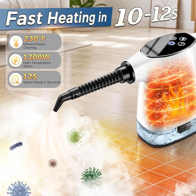 Handheld Steam Cleaner, Portable Steamer for Cleaning with 18PCS Accessories, 12s Fast Heating, Pressurized Steam Cleaner for Home, Kitchen, Bathroom, Car Detailing, Window, and Clothes, White