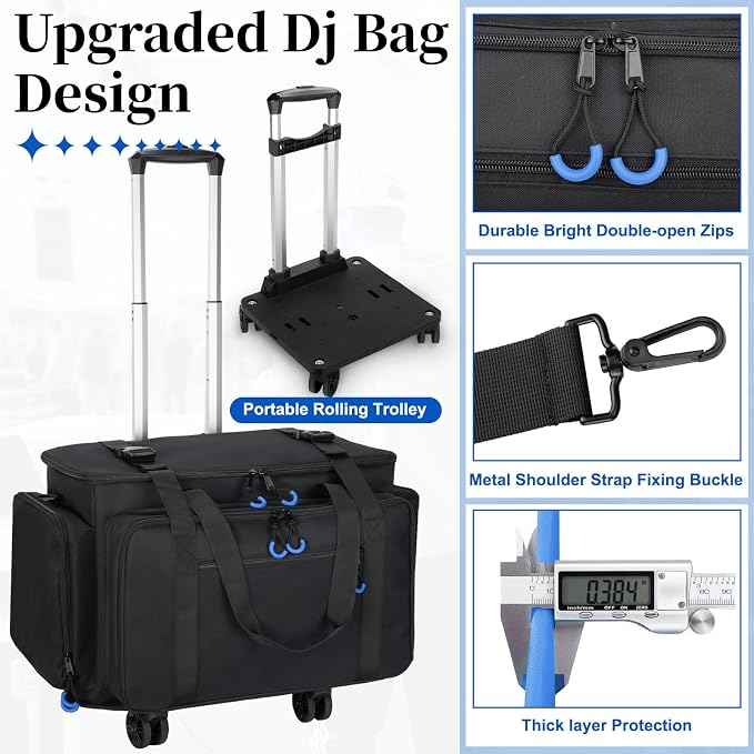 Rolling Dj Cable Bag with Laptop and Microphone Pocket, Dj Bag for Equipment and Music Accessories with Detachable Dividers, Bottom Pad, Dj Gig Bags for Musicians, Professional, Travel, Blue