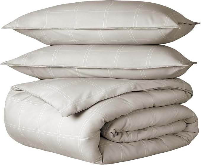 Bare Home Bedding Duvet Cover Full Size - Premium 1800 Super Soft Collection - Lightweight, Duvet Cover - Soft Textured Bedding (Full, Modern Plaid - Stone/White)