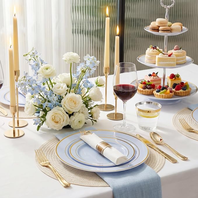 WDF Partyware 175PCS Blue Plates Disposable - Baby Blue Plastic Plates - 25Guests Plastic Dinnerware with Rolled Napkins for Wedding/Birthday/Baby Shower