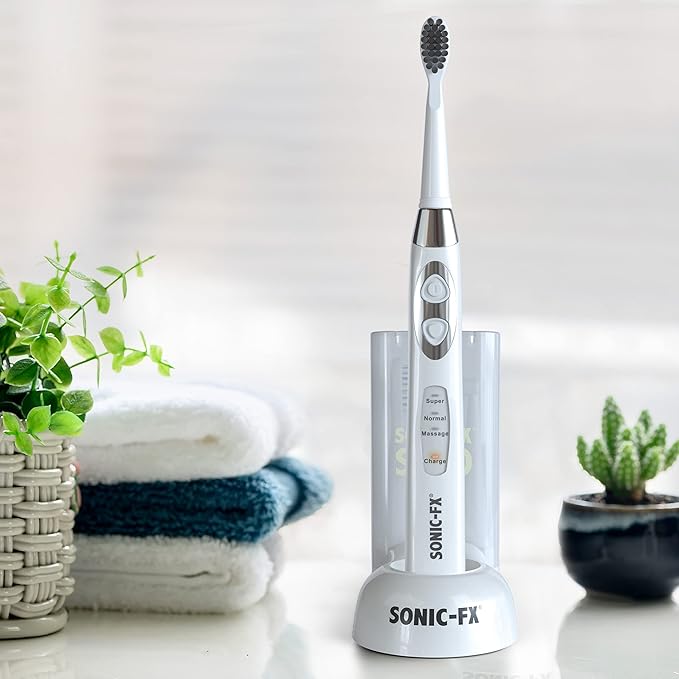 Sonic-FX Solo Electric Toothbrush w/ 10 Brush Heads + 1 Interdental, Charcoal Bristles, Rechargeable, Charging/Storage Base, 3 Brush Modes, Smart Timer, 2 Months Use on Full Charge, White Color