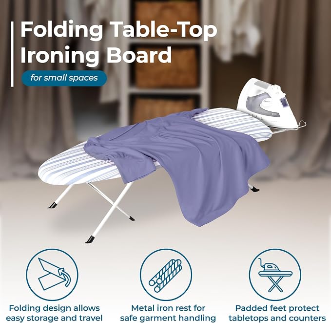 Honey-Can-Do Foldable Tabletop Ironing Board with Iron Rest, Blue Stripe