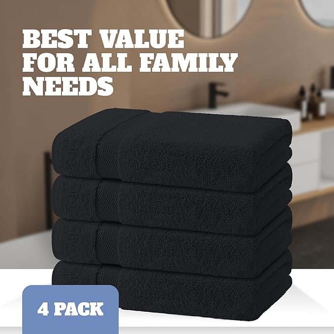 White Classic Black Bath Towels 27x54 Inch, Cotton Towel Set for Bathroom, Hotel, Gym, Spa, Soft Extra Absorbent Quick Dry 4 Pack