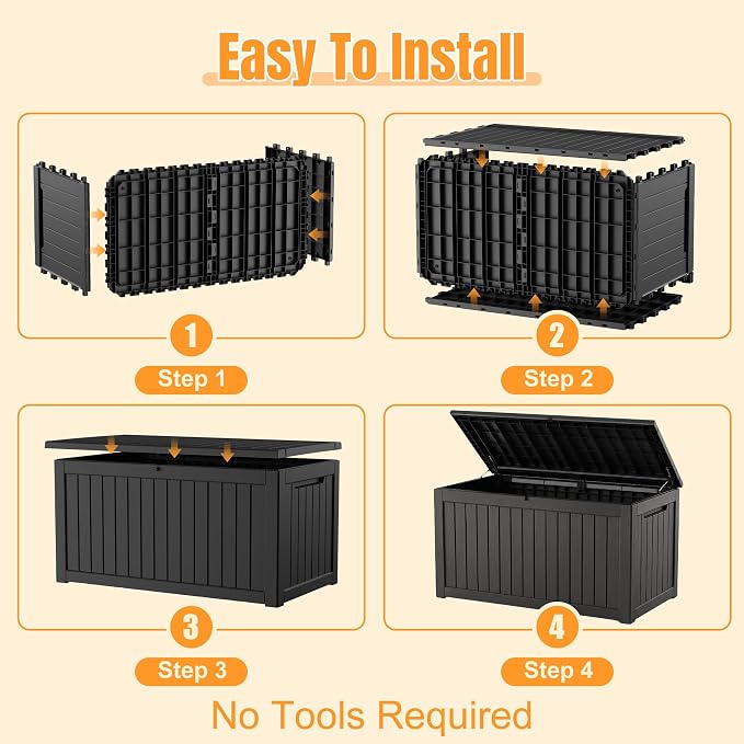 Outdoor Storage Box, 280 Gallon Waterproof Resin Deck Box with Support Rod | UV Resistant Lockable Package Delivery Bin, Shoe, Patio & Garden Tools Storage, Toy Cabinet, Ottoman, Indoor/Outdoor
