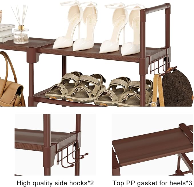 WOWLIVE 9 Tiers Shoe Rack Shoe Storage Shoe Organizer 30-35 Pairs Shoe Tower Unit Shelf Durable Metal Pipes with Plastic Connectors Stackable Cabinet Brown