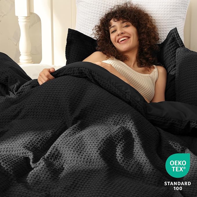 PHF Waffle Weave Duvet Cover Set Queen Size, No Snagging Ultra Soft Luxury Textured Breathable Comforter Cover for All Season 3pcs, Durable Bedding Duvet Set with 2 Pillow Shams, 90"x90", Black