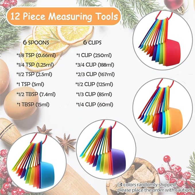 12 Piece Measuring Cups and Spoons Set, Colored Kitchen Measure Tools, Durable Nesting Cups and Spoons for Dry and Liquid, Dishwasher Safe (10)