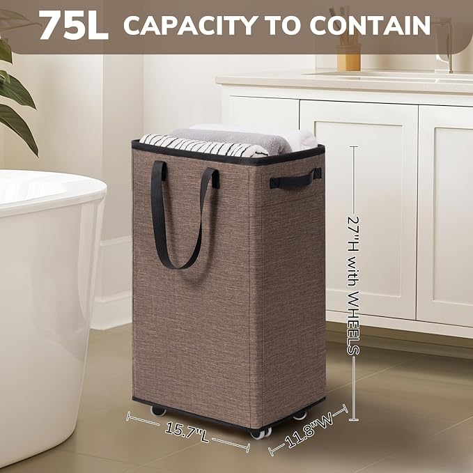 Goodpick Laundry Basket with Wheels, 75L Collapsible Laundry Baskets with Removable Wash Bag, Clothes Laundry Hamper on Wheels, Light Brown