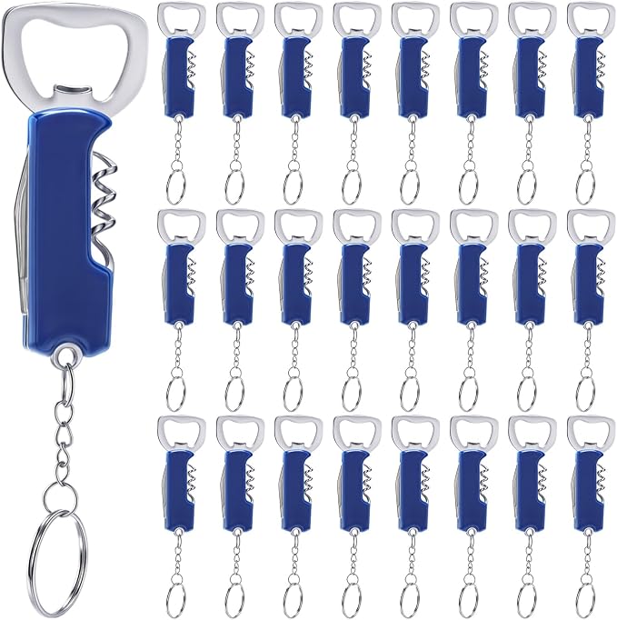 24 Pcs Bottle Opener Keychain Bulk Wine Bottle Beer Opener Keychain 3.27" Stainless Steel Corkscrew Waiter Corkscrew Wine Keyring Gifts for Christmas Bar Party Wedding Home (Blue)