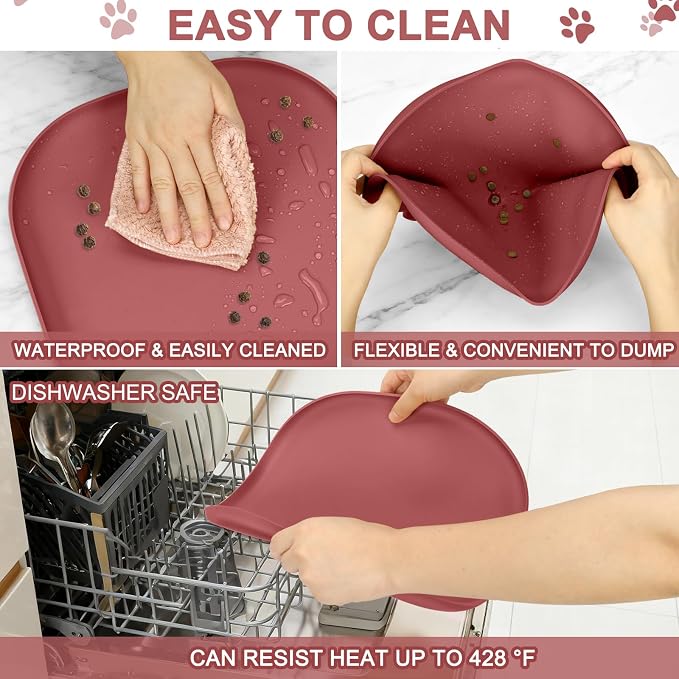 SMILOOL Waterproof Silicone Pet Food Mat with Raised Edge for Dog & Cat | 12" x 12" Non-Slip Small Pet Feeding Mats with Lip for Food & Water Bowl, Food Grade, Easy Cleaning, Erythrinus
