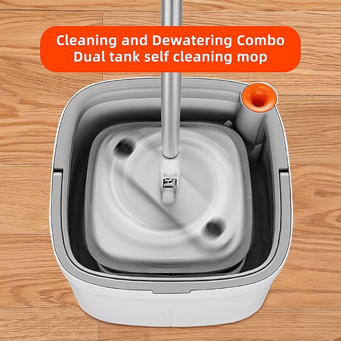 Spin Square mop and Bucket System with Wringer Set for Home with 2 Mop Pads (Grey,White)