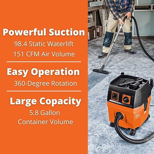Fein Turbo I Wet/Dry Shop Vac Dust Extractor - 5.8-Gal, 151 CFM Suction, Quiet 66 dB, Anti-Static System, 25 ft Cord, 13 ft Hose, Tool-Activated for Jobsite & Workshop - 92035060090
