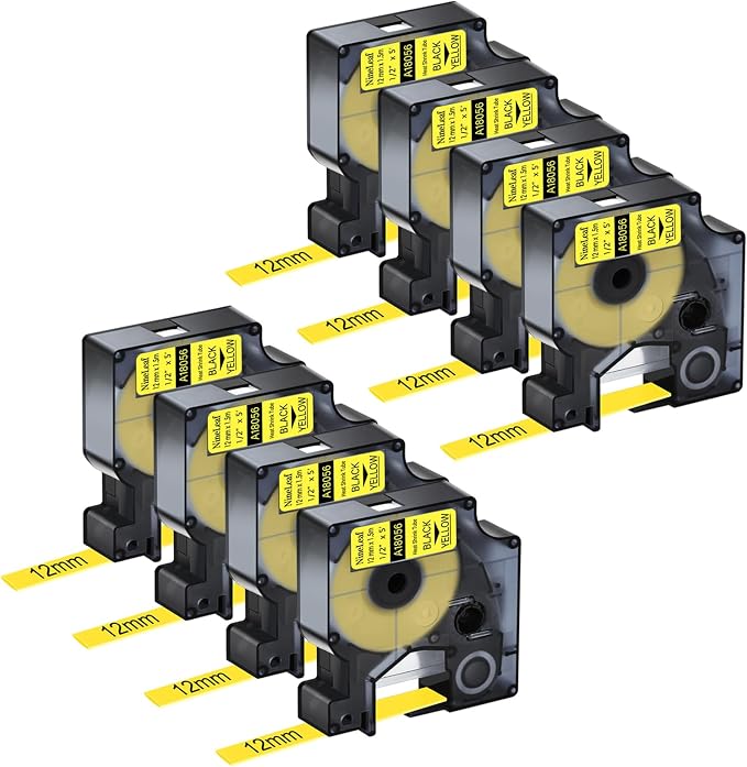 NineLeaf 8 Pack Compatible Labels Tape Replacement for Dymo 18056 1/2 inch Black on Yellow Heat Shrink Tube Labels 12mm x 1.5m for Wires and Cables Use in Rhino 4200 5200 5000 6000 3M Label Maker