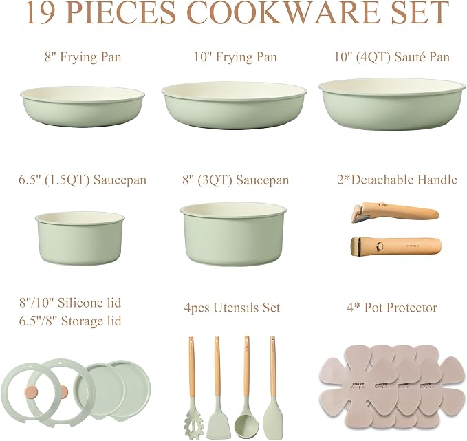 CAROTE Pots and Pans Set, Nonstick Cookware Set Detachable Handle, 19pcs Induction Kitchen Cookware Sets Non Stick with Removable Handle, RV Cookware Set, Oven Safe, Sage Green