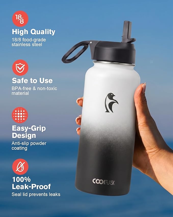 Coolflask Water Bottle 32 oz Insulated with Straw, Stainless Steel Metal 3 Lids Water Flask Wide Mouth for Sports or Office, Non-BPA Keep Cold Up to 48 Hrs or Hot Up to 24 Hrs, White & Black
