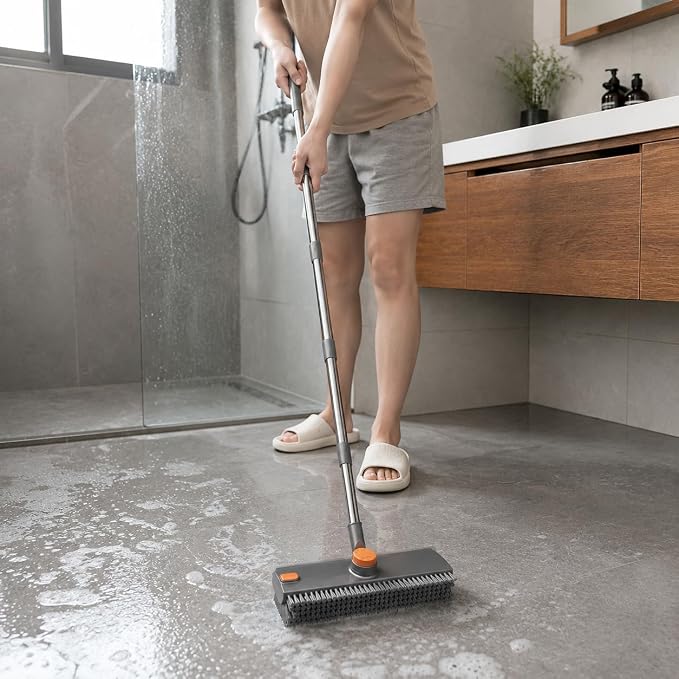 Floor Scrub Brush with Long Handle, V-Shaped Grout Brush and Squeegee for Tile, Bathroom, Shower, Gray (Floor Brush)