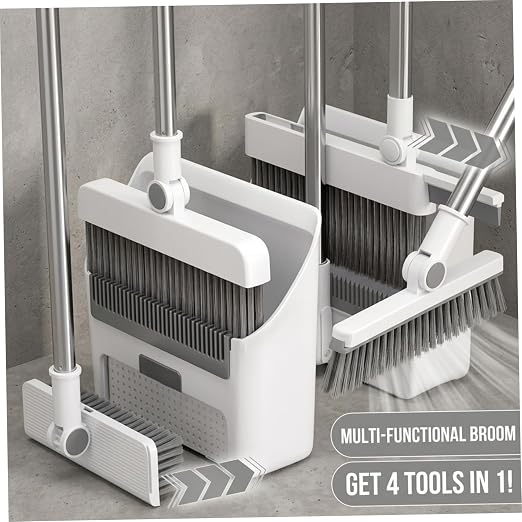 Broom and Dust Pan, Broom and Dustpan Set with Push Brooms, Self-Cleaning Comb & Space-Saving Design for Indoor Outdoor Cleaning (White)