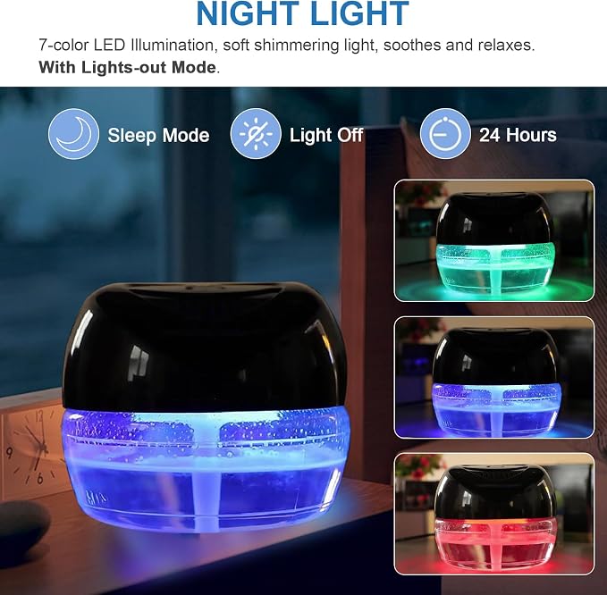 Water Based Air Purifier with Essential Oil Diffuser Pack, Air Washer with 7 Color LED Night Light, Air Revitalizer Includes 6x10ml Essential Oil Aroma Diffuser for Home, Office, Pet