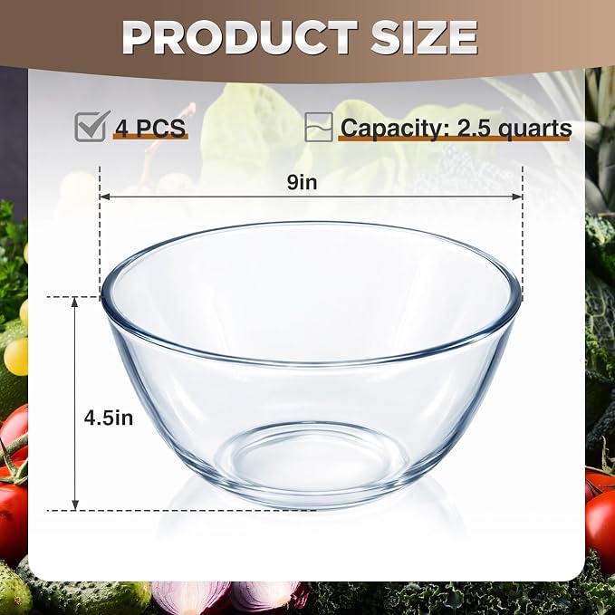 Gisafai 4 Pcs 2.5qt Glass Mixing Bowl Set Clear Salad Bowl for Kitchen Baking Cooking Preheated Oven Food Prepping Serving and Storage Freezer Microwave Dishwasher Safe