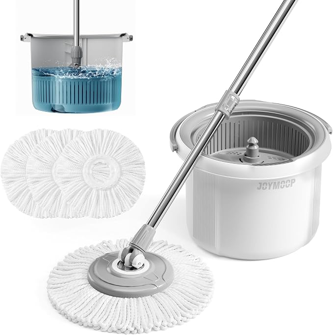 JOYMOOP Spin Mop and Bucket Set, 360° Mop Head & Telescopic Handle, 3 Reusable Microfiber Pads, Wet and Dry Use, Hands-Free Cleaning for Hardwood, Tile, Laminate Floors & Walls