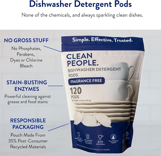The Clean People Dishwasher Pods - Cuts Grease & Rinses Sparkling Clean - Residue-Free - Phosphate Free Dishwashing Pods (60 Count, Fragrance Free)