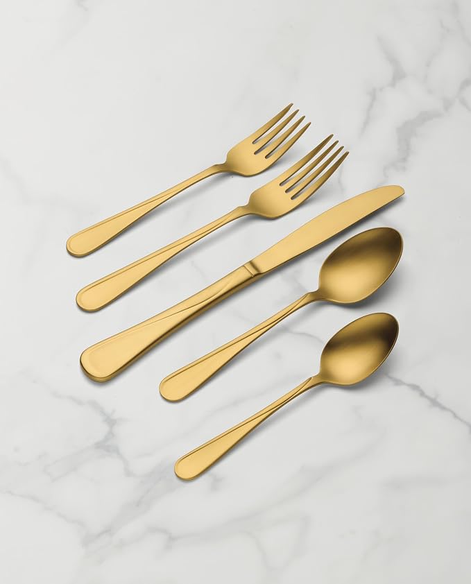 Oneida Gold Silverware Set, Flight Gold Satin 20 Piece Flatware Set, Service For 4, 18/0 Stainless Steel, Dishwasher Safe, Flatware Cutlery Sets, Utensils, Knives Spoons and Forks (Golden, 20 Pieces)