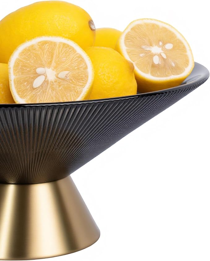 Tapered Glass Decorative Bowl (Gray), 9.8 Inches Handblown Striped Design Glass Bowl with Rust Resistant Metal Base,Decorative Fruit Bowl for Home Decor,Table Centerpiece,Kitchen Island,Dining Decor